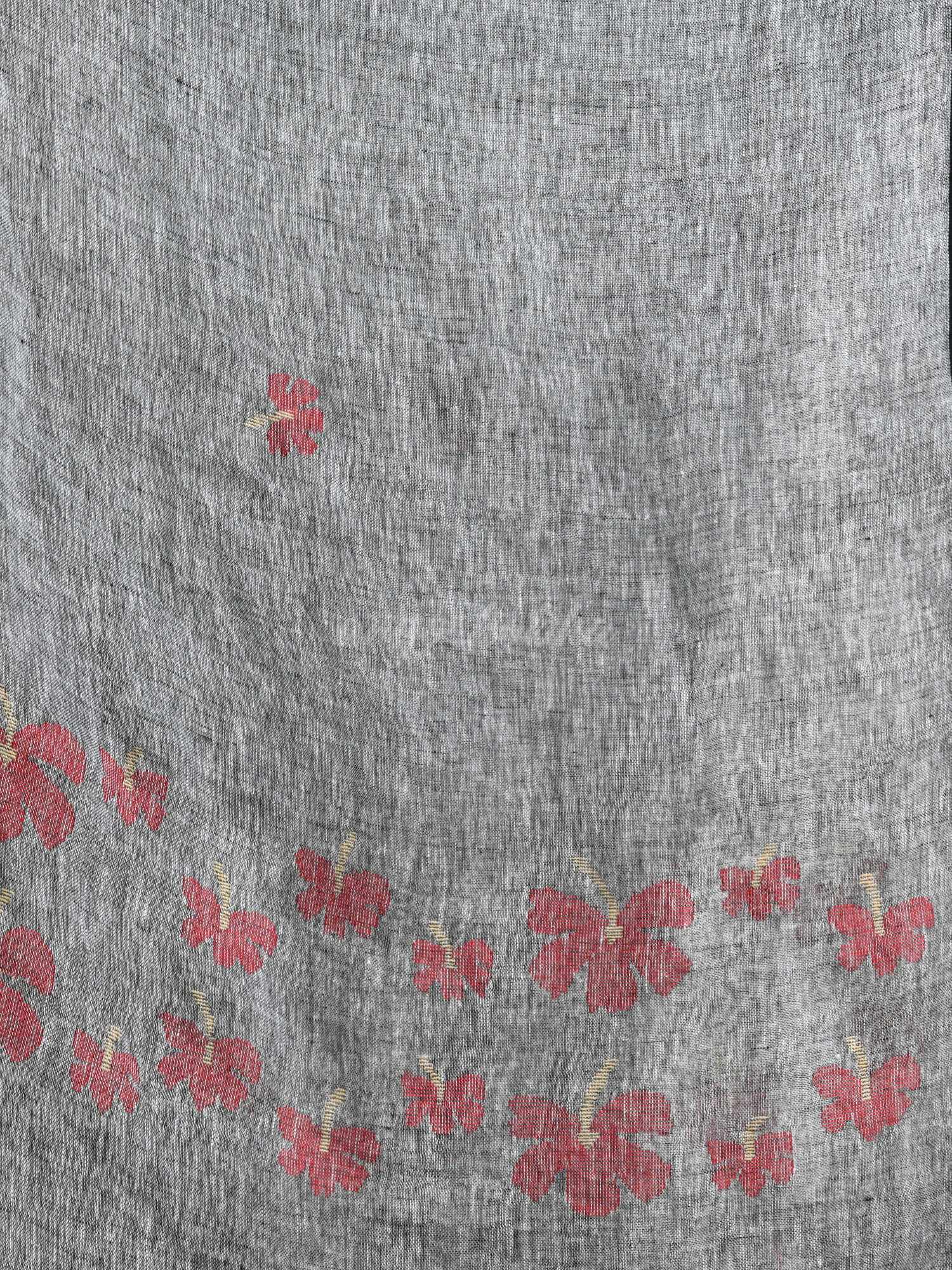 Grey Linen All Body Flowers motive Handwoven Saree