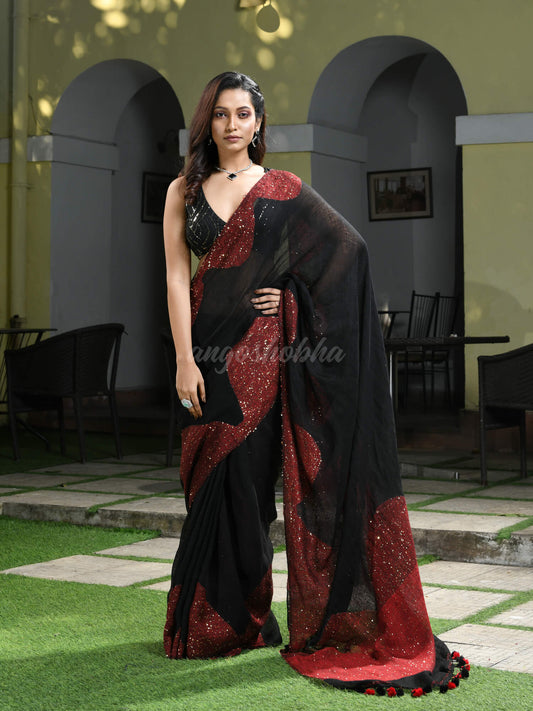 Black Linen Red Sequence Design Handwoven Saree