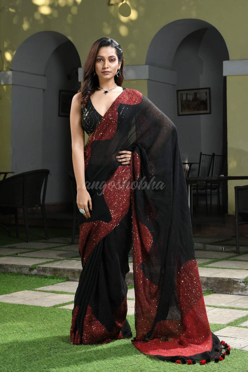 Black Linen Red Sequence Design Handwoven Saree