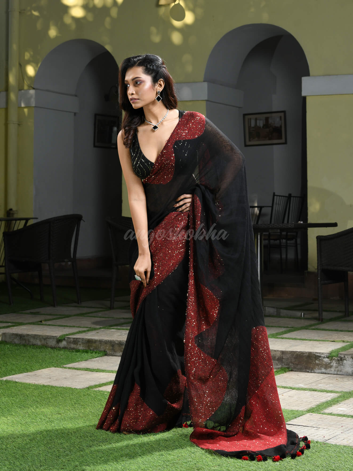 Black Linen Red Sequence Design Handwoven Saree