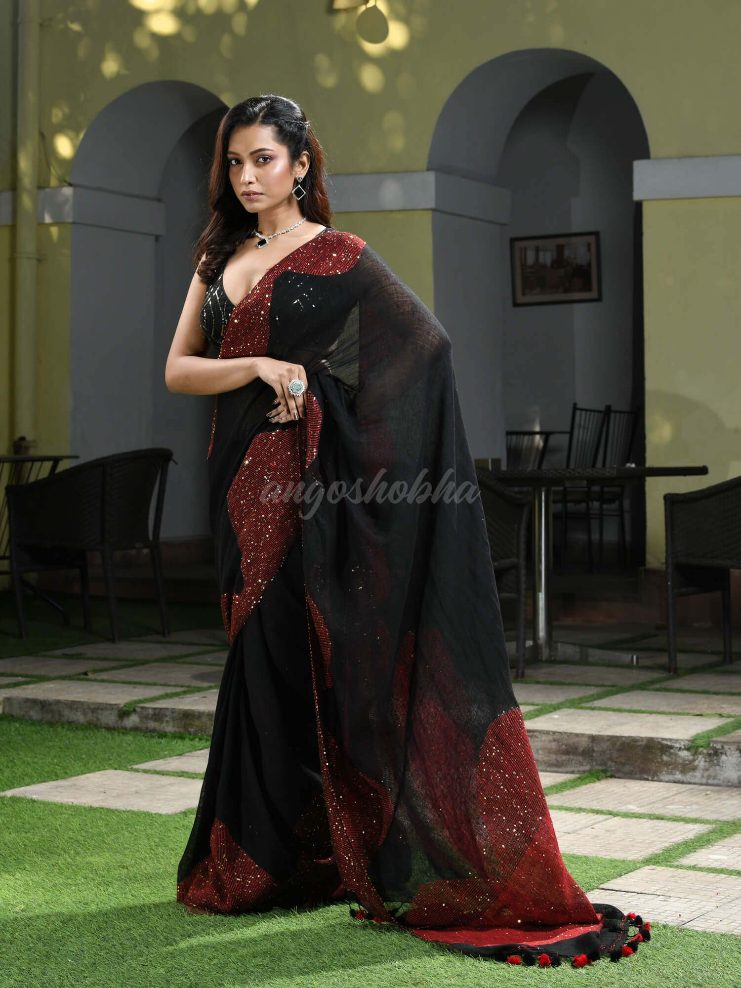 Black Linen Red Sequence Design Handwoven Saree