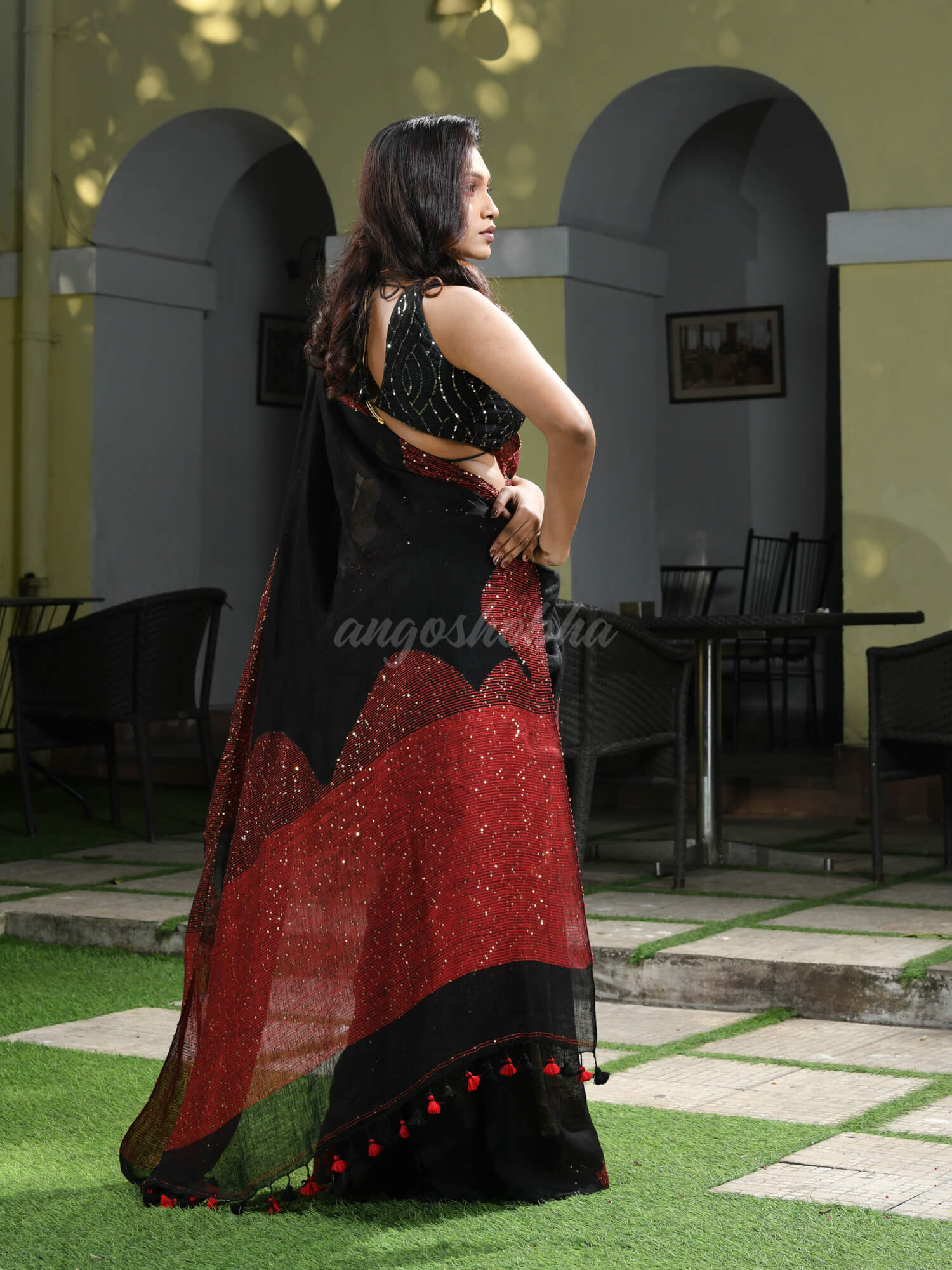 Black Linen Red Sequence Design Handwoven Saree
