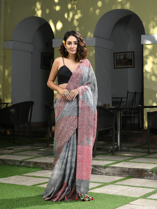 Grey Linen Red Sequence Design Handwoven Saree