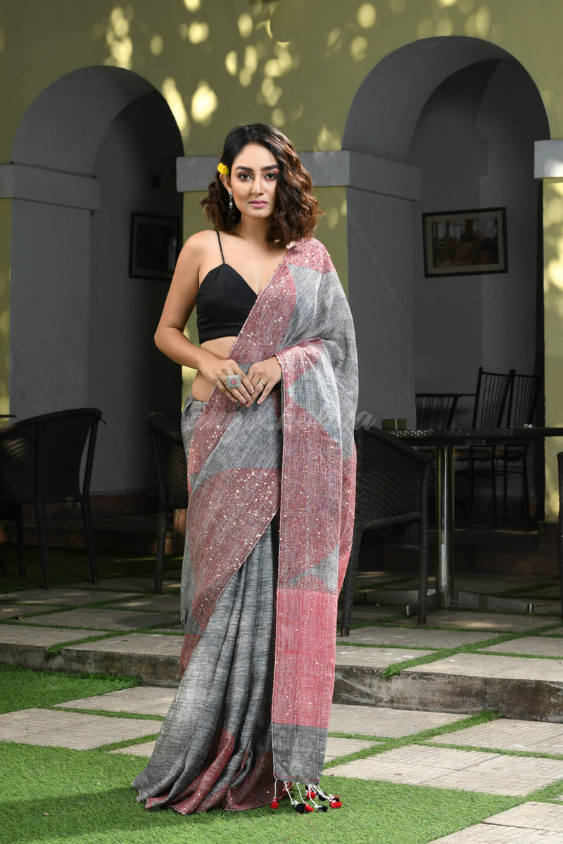 Grey Linen Red Sequence Design Handwoven Saree