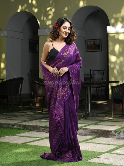 Violet Linen Broder With Pallu Jacquard Zari Work Handwoven Saree