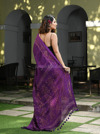 Violet Linen Broder With Pallu Jacquard Zari Work Handwoven Saree