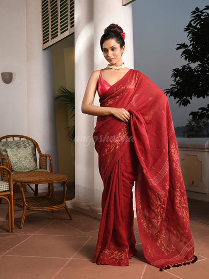 Maroon Linen Broder With Pallu Jacquard Zari Work Handwoven Saree