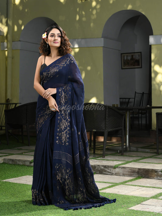 Navy Blue Linen Broder With Pallu Jacquard Zari Work Handwoven Saree