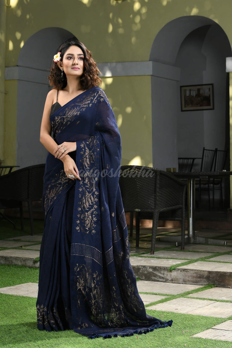 Navy Blue Linen Broder With Pallu Jacquard Zari Work Handwoven Saree