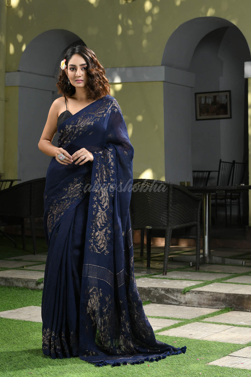 Navy Blue Linen Broder With Pallu Jacquard Zari Work Handwoven Saree