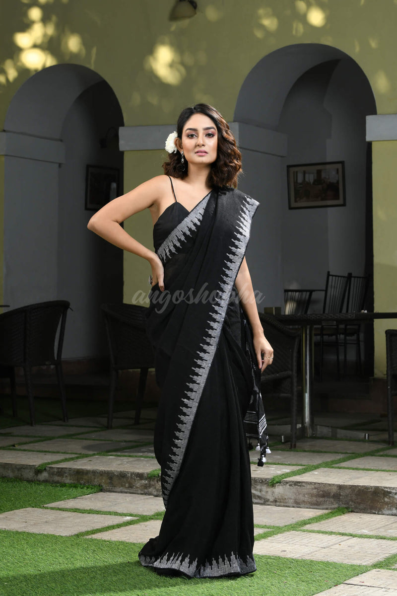Black Linen White Temple Border with Pallu Jamdani Work Handwoven Saree