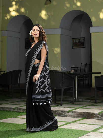 Black Linen White Temple Border with Pallu Jamdani Work Handwoven Saree