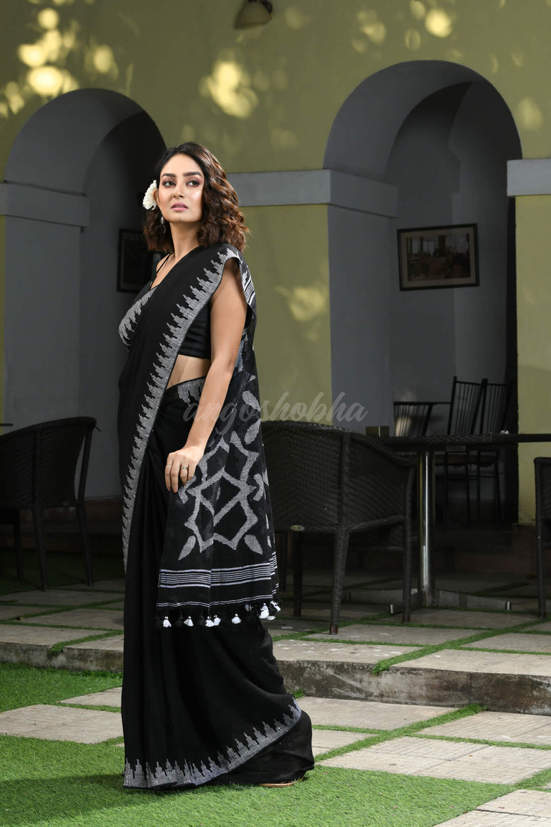 Black Linen White Temple Border with Pallu Jamdani Work Handwoven Saree