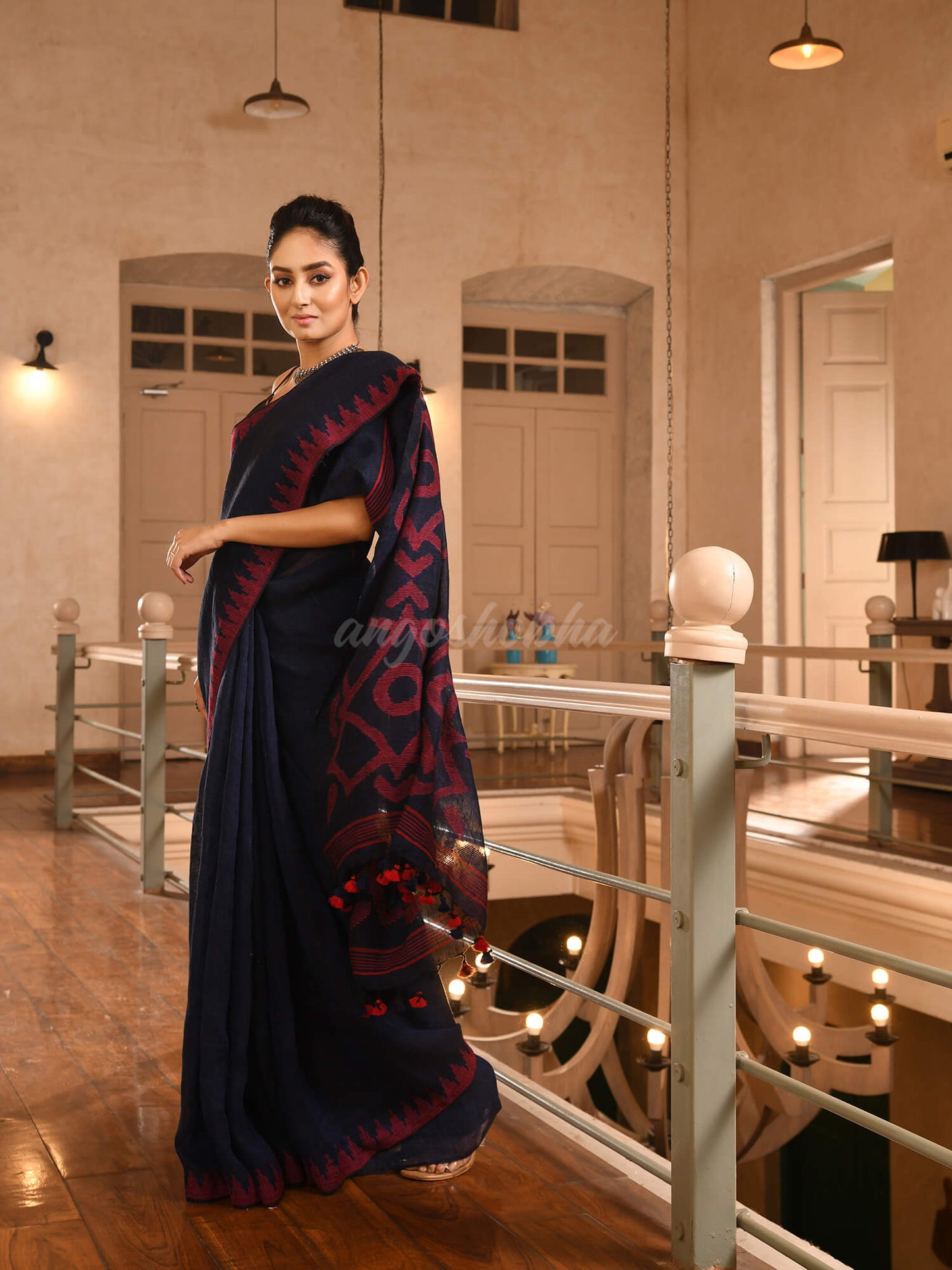 Navy Blue Linen Red Temple Border with Pallu Jamdani Work Handwoven Saree