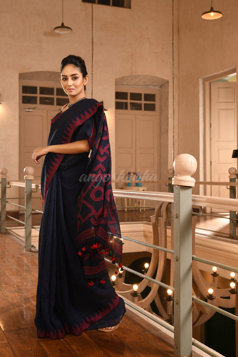 Navy Blue Linen Red Temple Border with Pallu Jamdani Work Handwoven Saree