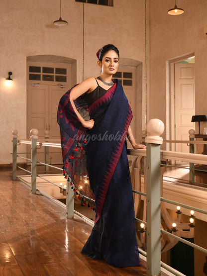 Navy Blue Linen Red Temple Border with Pallu Jamdani Work Handwoven Saree