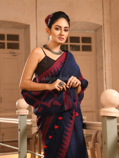 Navy Blue Linen Red Temple Border with Pallu Jamdani Work Handwoven Saree