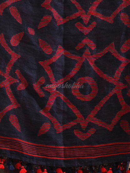 Navy Blue Linen Red Temple Border with Pallu Jamdani Work Handwoven Saree