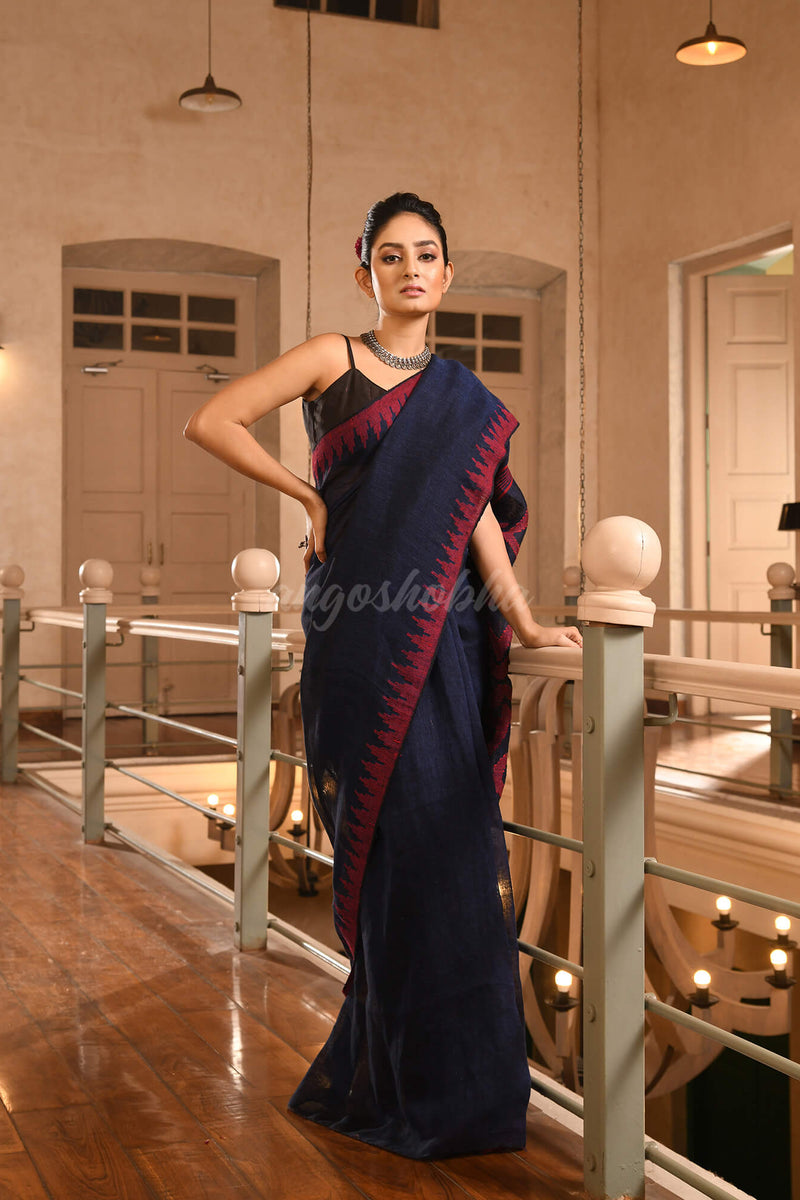 Navy Blue Linen Red Temple Border with Pallu Jamdani Work Handwoven Saree