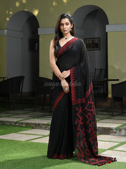 Black Linen Red Temple Border with Pallu Jamdani Work Handwoven Saree