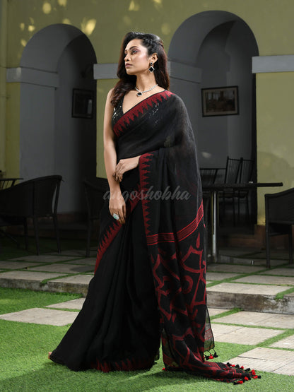 Black Linen Red Temple Border with Pallu Jamdani Work Handwoven Saree