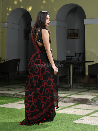 Black Linen Red Temple Border with Pallu Jamdani Work Handwoven Saree