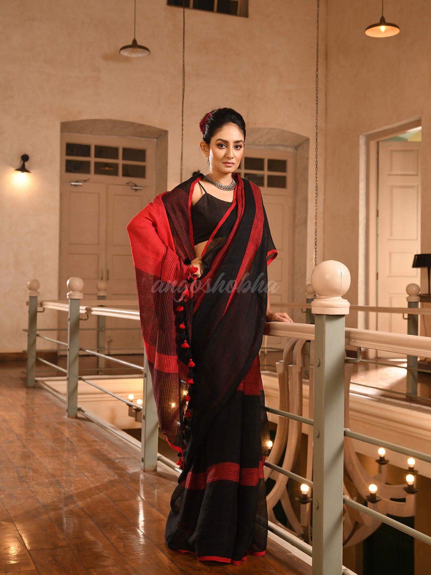 Black Linen Red Check Handwoven Saree