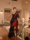 Black Linen Red Check Handwoven Saree