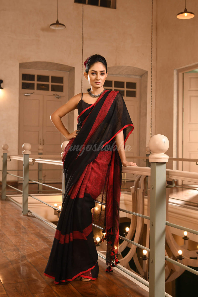 Black Linen Red Check Handwoven Saree