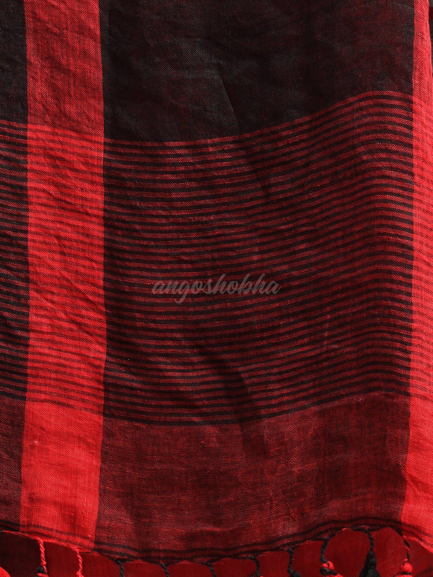 Black Linen Red Check Handwoven Saree