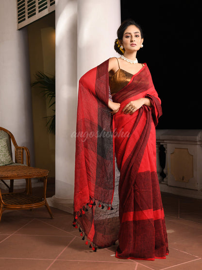 Red Linen Black Check  Handwoven Saree