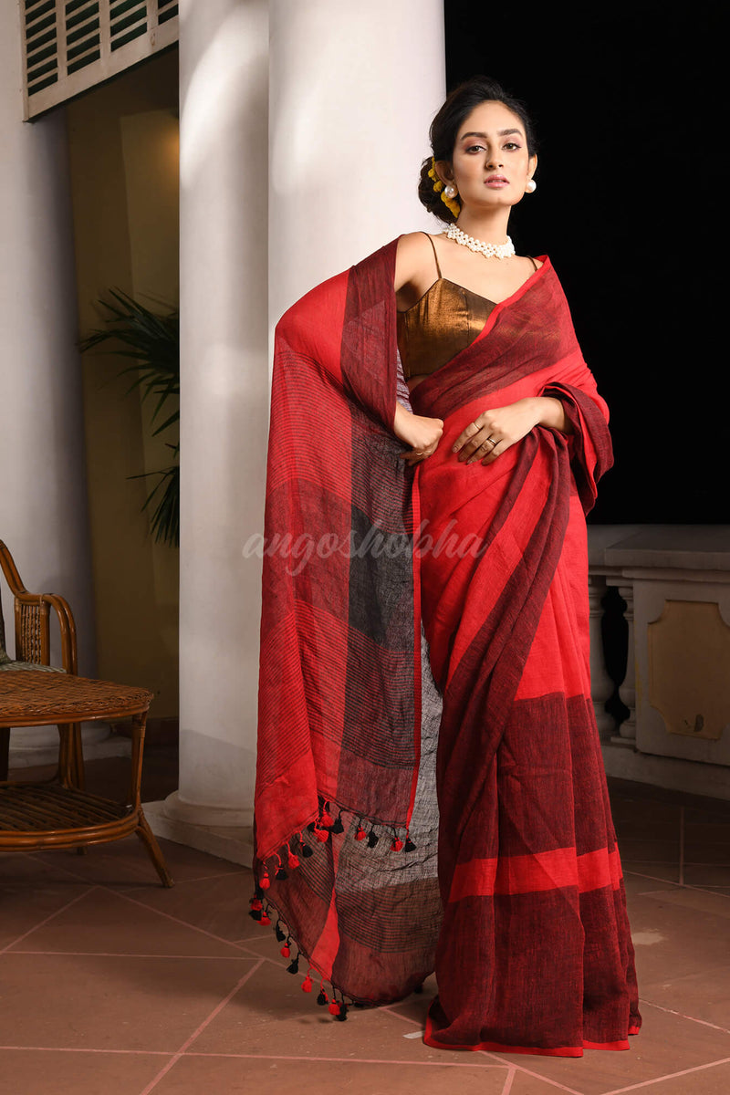 Red Linen Black Check  Handwoven Saree