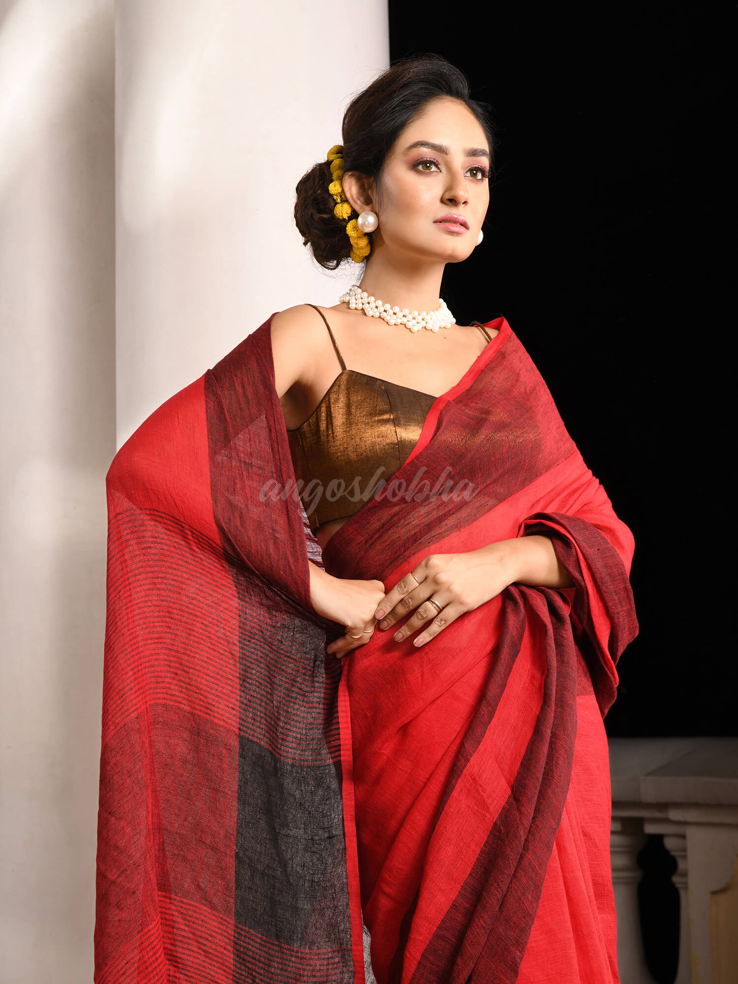 Red Linen Black Check  Handwoven Saree