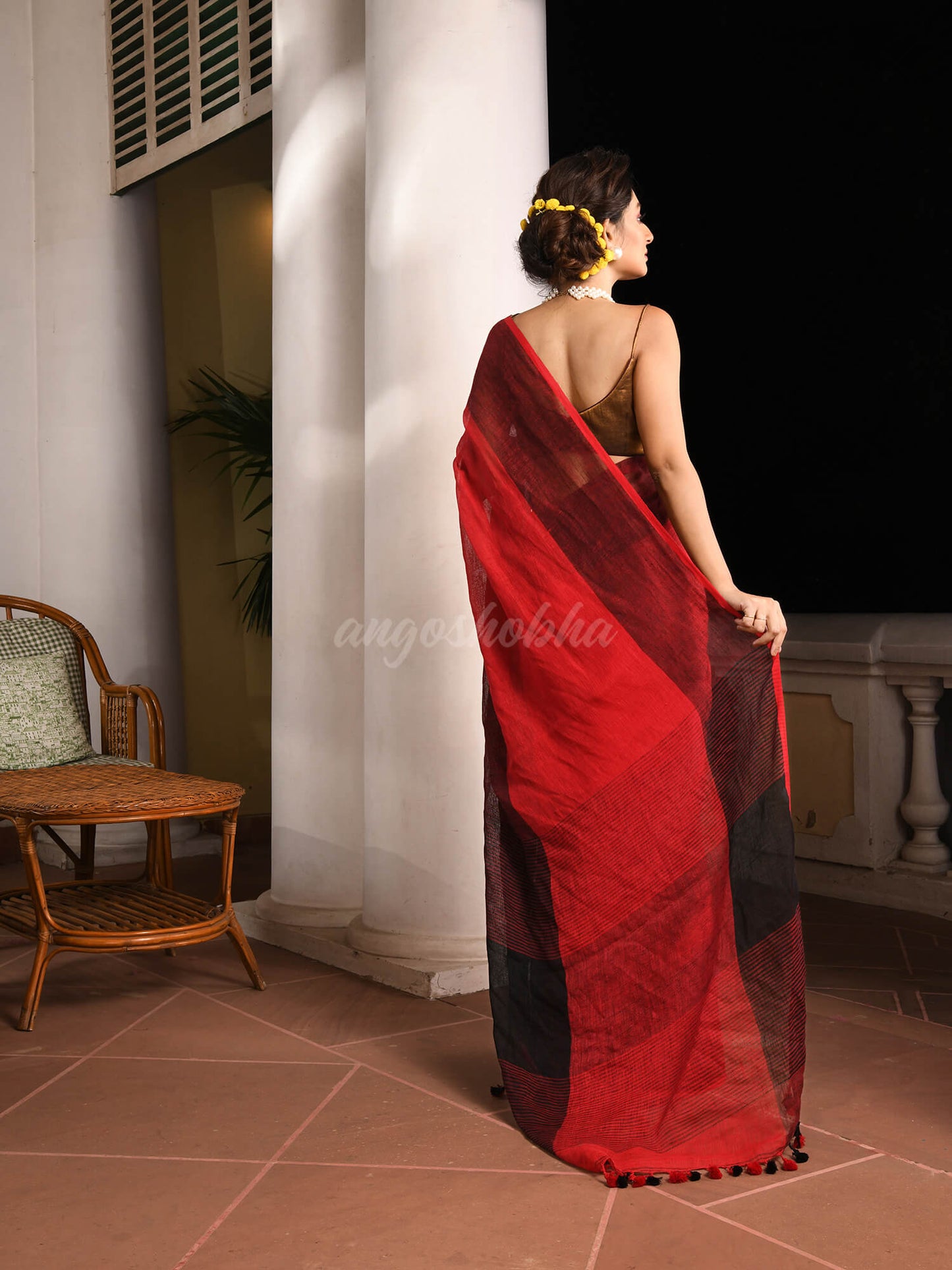 Red Linen Black Check  Handwoven Saree