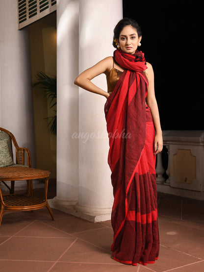 Red Linen Black Check Handwoven Saree