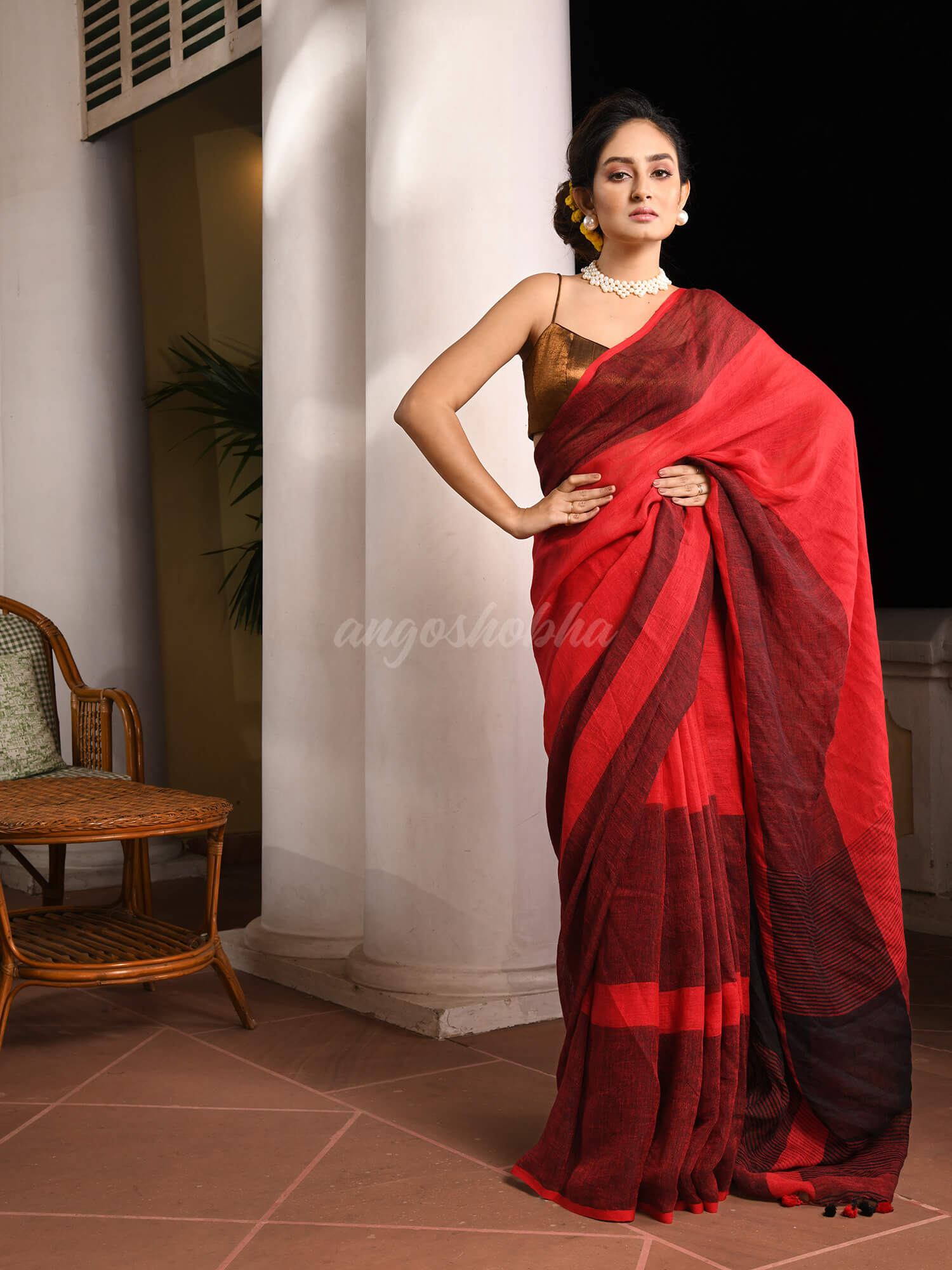 Red Linen Black Check  Handwoven Saree