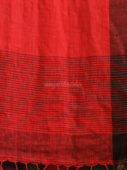 Red Linen Black Check  Handwoven Saree