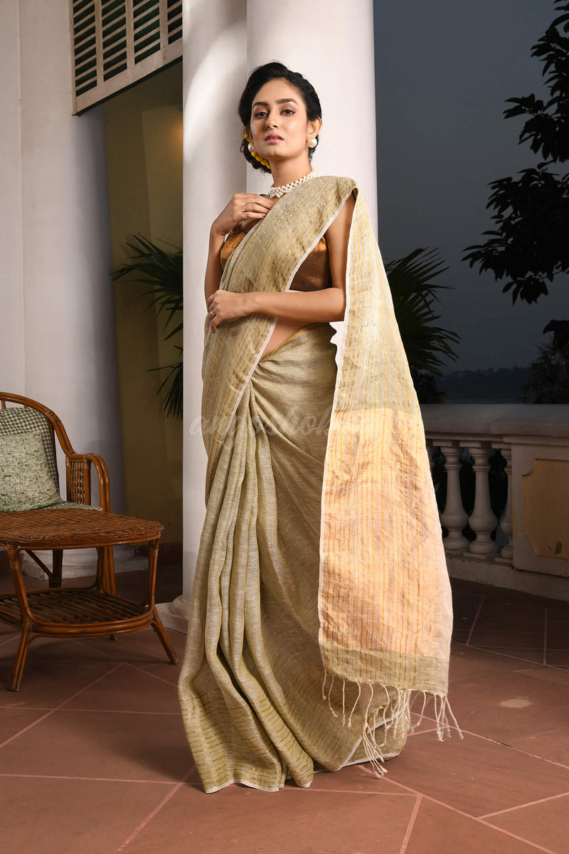 Sage Green Linen Zari Pallu Handwoven Saree