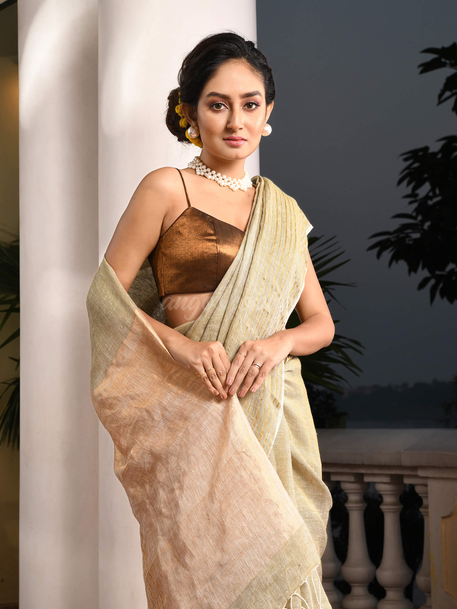 Sage Green Linen Zari Pallu Handwoven Saree