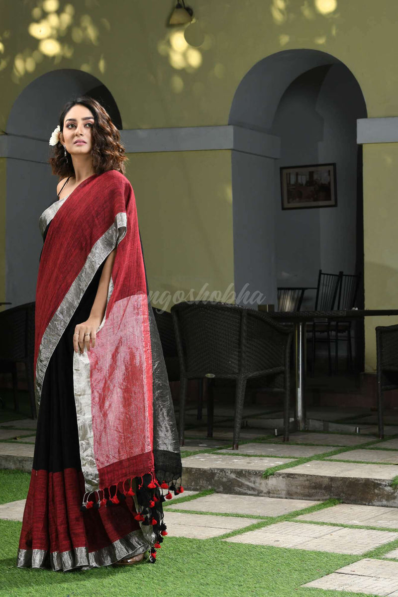 Black & Maroon Linen Handwoven Saree