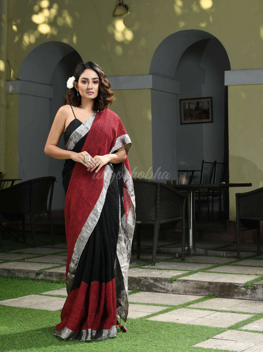 Black & Maroon Linen Handwoven Saree