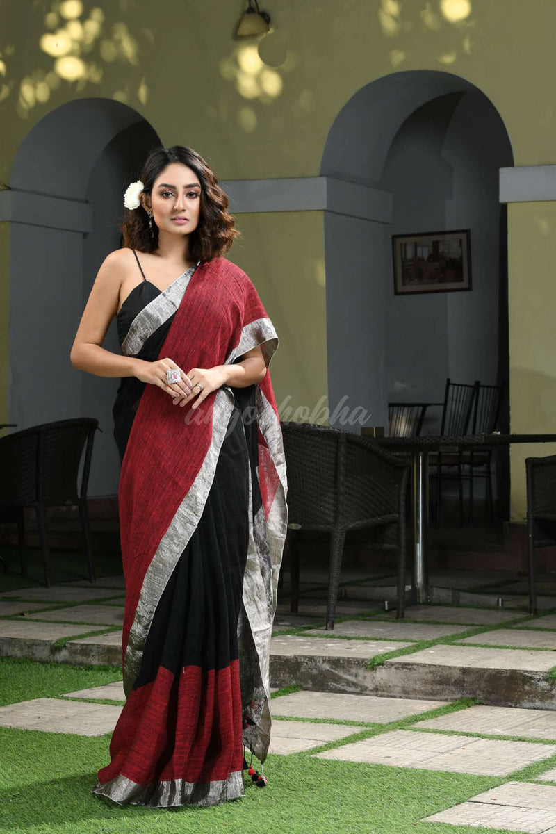 Black & Maroon Linen Handwoven Saree
