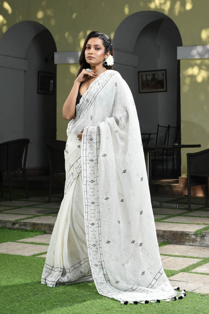 White Linen Jamdani Work Handwoven Saree
