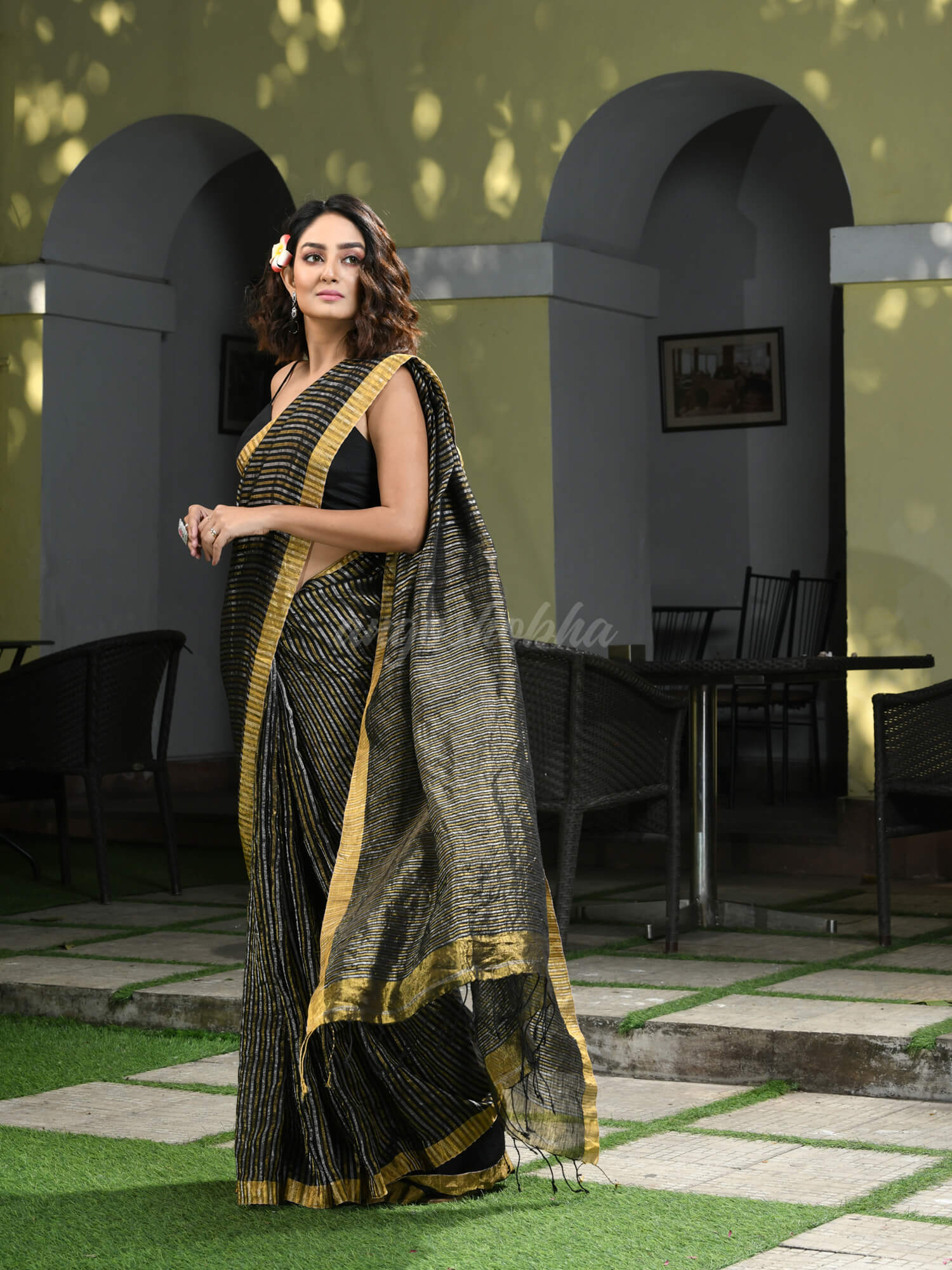 Black Linen All Body Multi Colour Zari Check Handwoven Tissue Saree