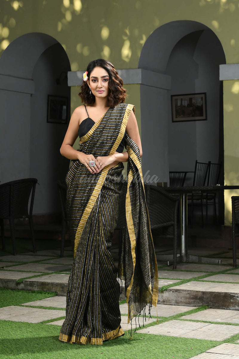 Black Linen All Body Multi Colour Zari Check Handwoven Tissue Saree