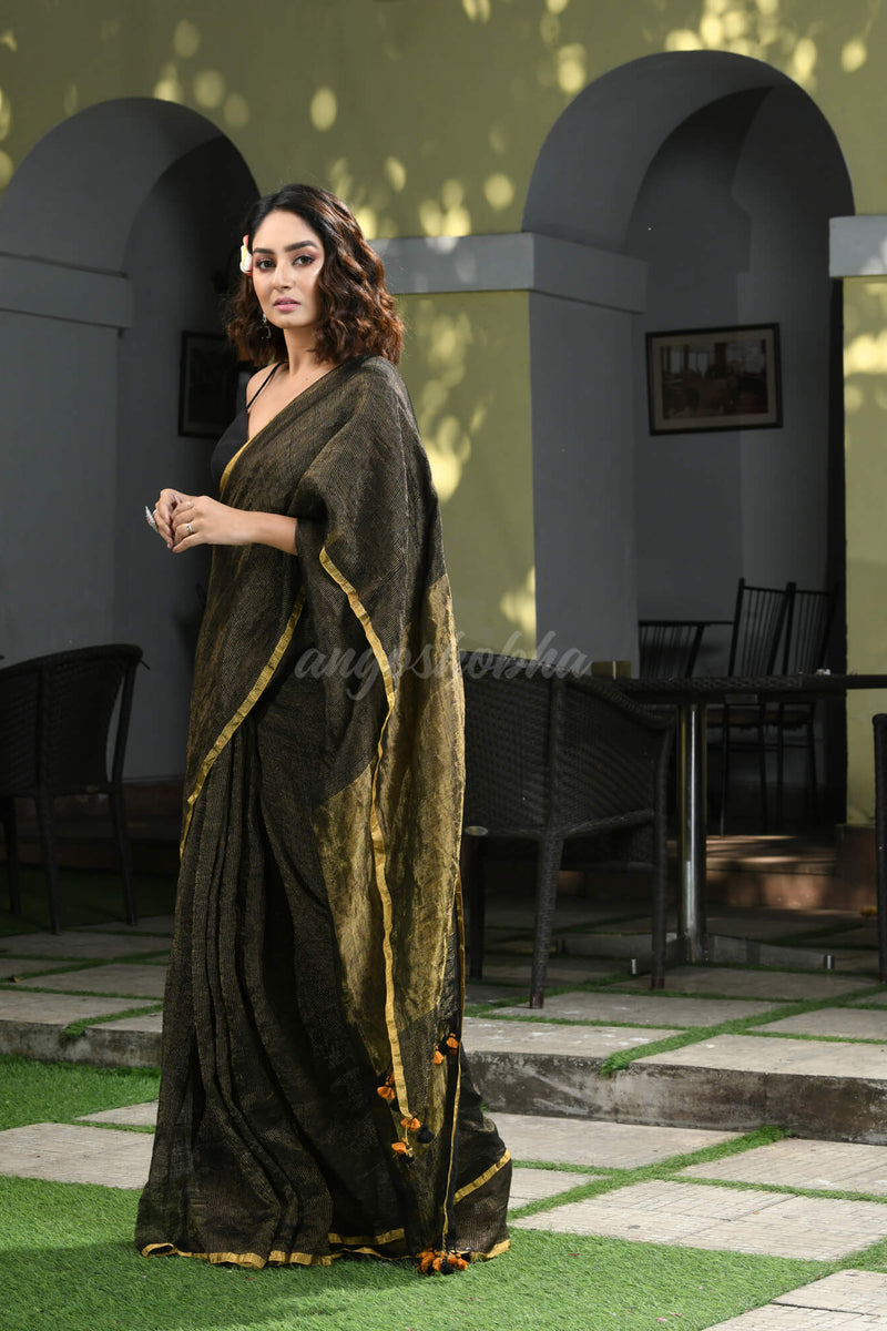 Black Linen Zari Tissue Check Handwoven Saree