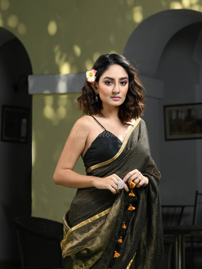 Black Linen Zari Tissue Check Handwoven Saree