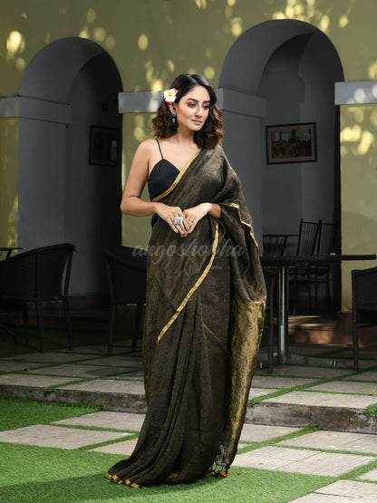 Black Linen Zari Tissue Check Handwoven Saree