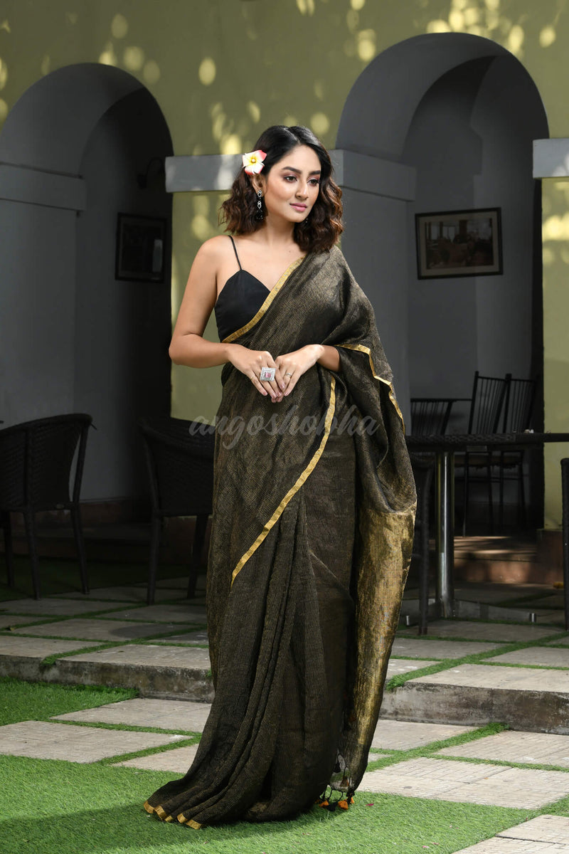 Black Linen Zari Tissue Check Handwoven Saree