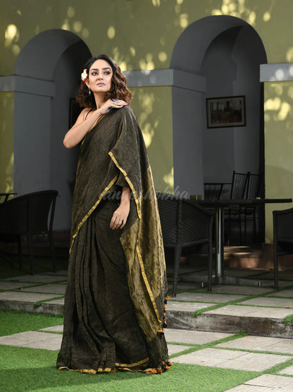 Black Linen Zari Tissue Check Handwoven Saree